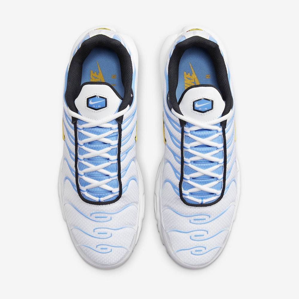 Nike Air Max Plus white/university blue/gold — top view